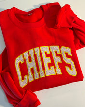 Load image into Gallery viewer, CHIEFS shirt, T shirt, Sweatshirt, Long sleeve, Sequin Applique, Chiefs shirt, Custom mascot sweatshirt, gameday, bling shirt