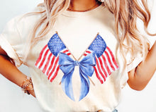 Load image into Gallery viewer, American Flag Coquette Bow Shirt| USA Fourth of July T shirt | Patriotic shirt| Comfort Colors