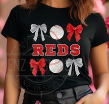 Load image into Gallery viewer, REDS baseball and bows shirt, Cincinnati baseball shirt, Reds baseball shirt