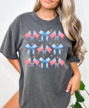 Load image into Gallery viewer, American Flag and Bows Shirt| USA Fourth of July T shirt | Patriotic shirt| Comfort Colors
