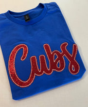 Load image into Gallery viewer, Cubs cursive baseball sequin shirt | Cubs baseball | sparkle| Adult Toddler Youth Kids | Gameday |cubs mascot | Embroidered| Chicago baseball shirt