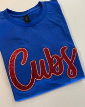 Load image into Gallery viewer, Cubs cursive baseball sequin shirt | Cubs baseball | sparkle| Adult Toddler Youth Kids | Gameday |cubs mascot | Embroidered| Chicago baseball shirt