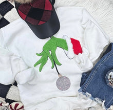 Load image into Gallery viewer, Grinch hand sweatshirt with sparkle ornament