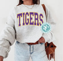 Load image into Gallery viewer, Tigers purple and gold arch crewneck