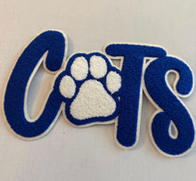 Load image into Gallery viewer, Wildcats chenille patch, Royal blue and white, Kentucky patch, white glitter backing, Wildcats game day, iron on patch, diy patch, Paw print