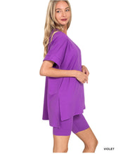 Load image into Gallery viewer, S-L Violet Zenana Microfiber Round neck top with biker shorts set