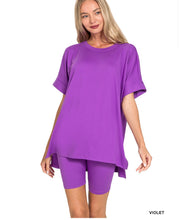Load image into Gallery viewer, S-L Violet Zenana Microfiber Round neck top with biker shorts set