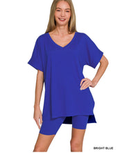 Load image into Gallery viewer, S-L Bright Blue Zenana Microfiber V neck top with biker shorts set
