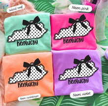 Load image into Gallery viewer, Kentucky Polka dot bow Shirt | Pastel Kentucky Tshirt | Spring tees | Kentucky shirt| Summer Ky shirt | Neon Comfort Colors