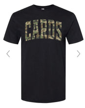 Load image into Gallery viewer, Camo CARDS varsity arch- BLACK