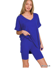 Load image into Gallery viewer, S-L Bright Blue Zenana Microfiber V neck top with biker shorts set