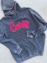 Load image into Gallery viewer, Cardinals velour cursive hooded sweatshirt, Cardinals sweatshirt, Cardinals shirt,school sweatshirt, tunic sweatshirt