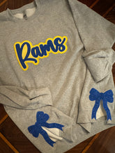 Load image into Gallery viewer, Glitter Rams bow sweatshirt, RAMS , sweatshirt, school spirit wear