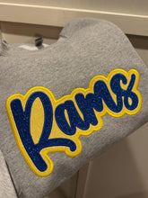 Load image into Gallery viewer, Glitter Rams bow sweatshirt, RAMS , sweatshirt, school spirit wear