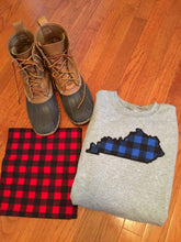 Load image into Gallery viewer, Buffalo Plaid state sweatshirt, ANY STATE, Blue Buffalo Plaid, Red Buffalo Plaid, Kentucky State sweatshirt, State Outline Sweatshirt