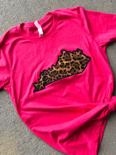 Load image into Gallery viewer, Custom State Pride Embroidered Leopard Print Applique T Shirt | KY Leopard Hot Pink | Create Your Own State Shirt | Monogrammed shirt