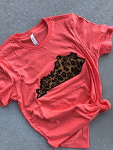 Load image into Gallery viewer, Custom State Pride Embroidered Leopard Print Applique T Shirt | KY Leopard  | Create Your Own State Shirt | embroidered shirt | Coral