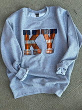 Load image into Gallery viewer, Custom State Pride Embroidered Fall Plaid Applique Sweatshirt | KY Orange and Navy Plaid | Create Your Own State Shirt | Adult Toddler Kids