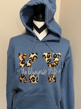Load image into Gallery viewer, The Bluegrass State Kentucky hooded sweatshirt, Kentucky hoodie, Adult, Ky sweatshirt,Applique, Leopard,cheetah, Denim