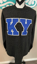 Load image into Gallery viewer, KY Sweatshirt| Glitter KY Applique Sweatshirt | Varsity letters |Black leopard| Oversized raw hem| Embroidered