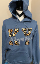 Load image into Gallery viewer, The Bluegrass State Kentucky hooded sweatshirt, Kentucky hoodie, Adult, Ky sweatshirt,Applique, Leopard,cheetah, Denim
