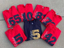 Load image into Gallery viewer, Custom Sports number shirt, Mom number shirt, soccer mom shirt, football mom shirt, personalized mom shirt, custom team shirt, last name