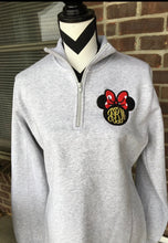 Load image into Gallery viewer, Minnie Mouse with bow Monogram sweatshirt, Women’s zip up, quarter zip, mouse ears, monogram, embroidered,
