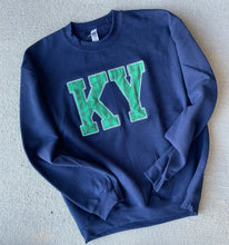 Load image into Gallery viewer, Custom State Pride Embroidered Plaid Applique Sweatshirt | KY Green Plaid | Create Your Own State Shirt | Monogram shirt | Navy