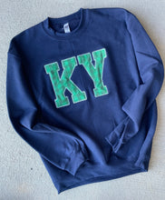Load image into Gallery viewer, Custom State Pride Embroidered Plaid Applique Sweatshirt | KY Green Plaid | Create Your Own State Shirt | Monogram shirt | Navy