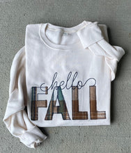Load image into Gallery viewer, Hello Fall Sweatshirt| Embroidered Fall Plaid Applique Sweatshirt | Navy Green Cream Plaid | | Adult| Fall|