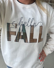 Load image into Gallery viewer, Hello Fall Sweatshirt| Embroidered Fall Plaid Applique Sweatshirt | Navy Green Cream Plaid | | Adult| Fall|