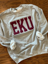 Load image into Gallery viewer, Grey EKU sweatshirt, T shirt Long sleeve, Gameday, Colonels shirt, Embroidered, sweatshirt