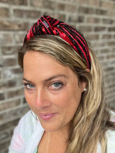Load image into Gallery viewer, Red and Black sequin headband, Seed Bead, red knotted, preppy headband, comfy headband, trendy headband, gameday, football, Cardinals, UGA
