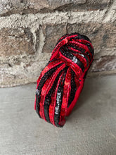Load image into Gallery viewer, Red and Black sequin headband, Seed Bead, red knotted, preppy headband, comfy headband, trendy headband, gameday, football, Cardinals, UGA