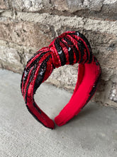 Load image into Gallery viewer, Red and Black sequin headband, Seed Bead, red knotted, preppy headband, comfy headband, trendy headband, gameday, football, Cardinals, UGA
