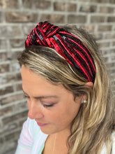 Load image into Gallery viewer, Red and Black sequin headband, Seed Bead, red knotted, preppy headband, comfy headband, trendy headband, gameday, football, Cardinals, UGA