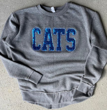 Load image into Gallery viewer, Kentucky Sweatshirt| Sequin CATS Applique Sweatshirt | Varsity letters |Wildcats | Oversized raw hem| Embroidered