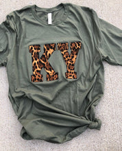 Load image into Gallery viewer, Custom State Pride Embroidered Leopard Print Applique T Shirt | KY Leopard Military Green | Create Your Own State Shirt | Monogrammed shirt