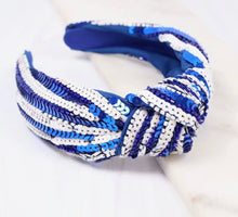 Load image into Gallery viewer, Blue and white sequin headband, Seed Bead, blue knotted, preppy headband, comfy headband, trendy headband, gameday, football, Ky