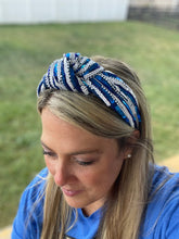 Load image into Gallery viewer, Blue and white sequin headband, Seed Bead, blue knotted, preppy headband, comfy headband, trendy headband, gameday, football, Ky
