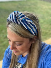 Load image into Gallery viewer, Blue and white sequin headband, Seed Bead, blue knotted, preppy headband, comfy headband, trendy headband, gameday, football, Ky