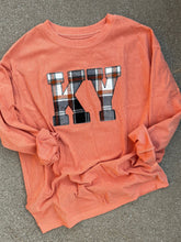 Load image into Gallery viewer, Crewneck State Sweatshirt | Cord sweatshirt | Custom ANY state |  Fall Plaid Applique | KY Sweatshirt | Fall Apparel | Flannel | Orange Cord