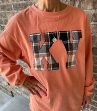 Load image into Gallery viewer, Crewneck State Sweatshirt | Cord sweatshirt | Custom ANY state |  Fall Plaid Applique | KY Sweatshirt | Fall Apparel | Flannel | Orange Cord