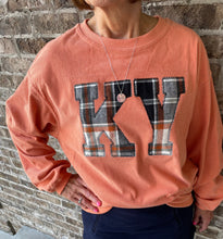 Load image into Gallery viewer, Crewneck State Sweatshirt | Cord sweatshirt | Custom ANY state |  Fall Plaid Applique | KY Sweatshirt | Fall Apparel | Flannel | Orange Cord