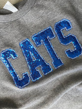 Load image into Gallery viewer, Kentucky Sweatshirt| Sequin CATS Applique Sweatshirt | Varsity letters |Wildcats | Oversized raw hem| Embroidered