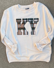 Load image into Gallery viewer, Crewneck State Sweatshirt | Cord sweatshirt | Custom ANY state |  Fall Plaid Applique | KY Sweatshirt | Fall Apparel | Flannel | Cream Cord