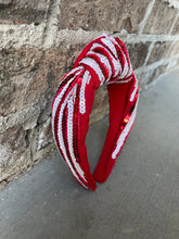 Load image into Gallery viewer, Red and white sequin headband, Christmas headband, Seed Bead, red knotted, preppy headband, trendy headband, gameday, Cardinals,