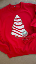 Load image into Gallery viewer, Christmas tree cake chenille patch sweatshirt, Christmas chenille patch, Snack cake crewneck, Christmas shirt, Christmas party,