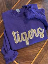 Load image into Gallery viewer, Purple Tigers Sequin shirt | Sequins| purple and gold  | sparkle| Adult Toddler Youth Kids | Gameday |Embroidered baseball,basketball,