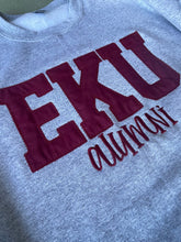 Load image into Gallery viewer, Custom letter shirt, EKU, Embroidered Sweatshirt, womens gift, college shirt, alma mater, KY shirt, sweatshirt